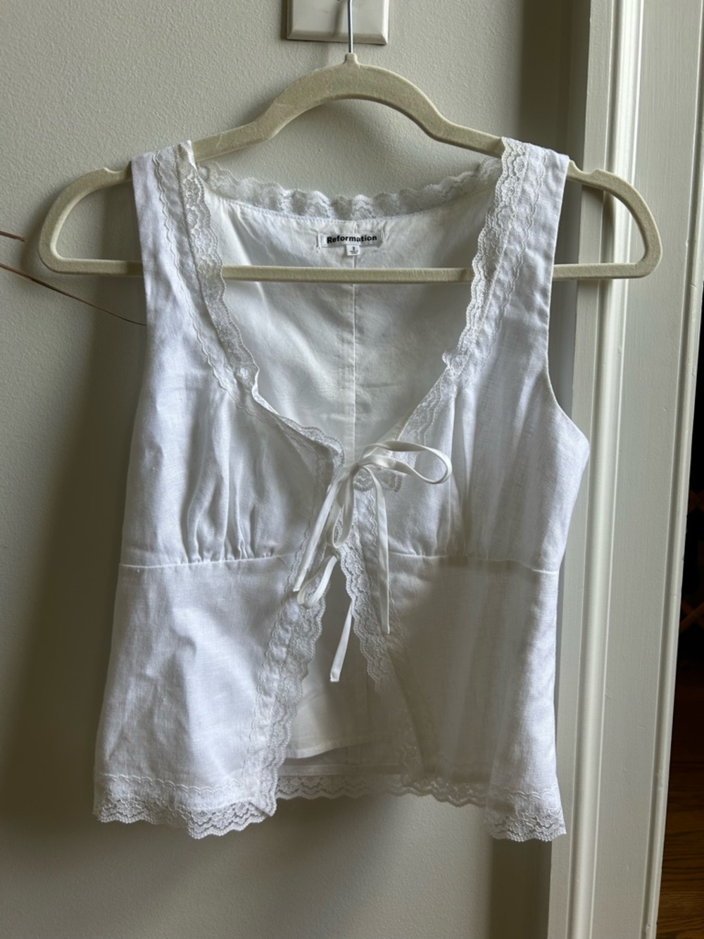 Reformation White Lace-Trim Tie-Front Camisole